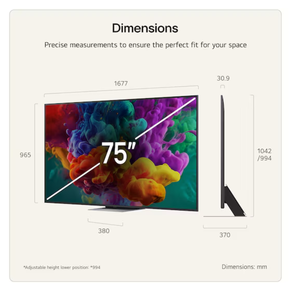 TV dimensions diagram with front view, side profile, and 75-inch sizing