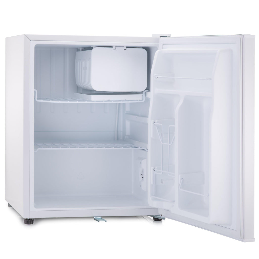 White tabletop mini fridge with door open, empty interior shelves and bins