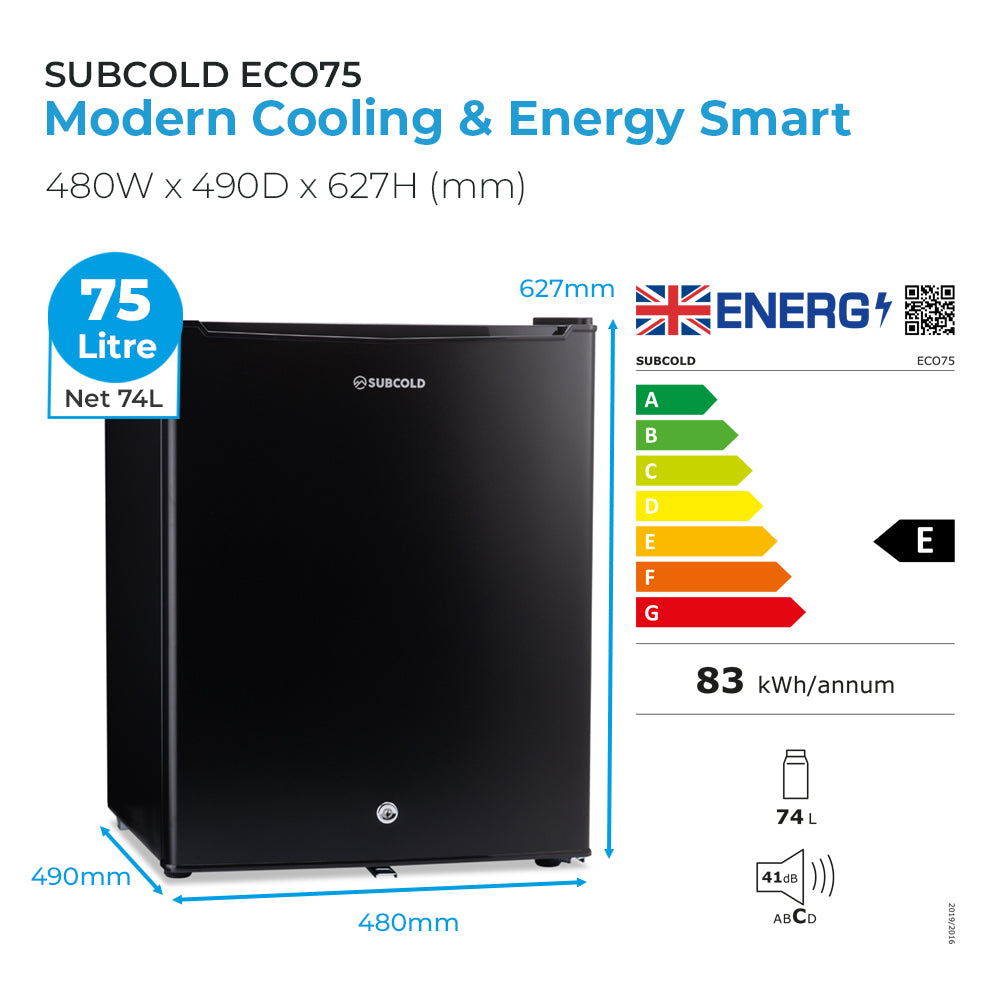 Eco75 table-top fridge size and energy efficiency graphic with 75L capacity