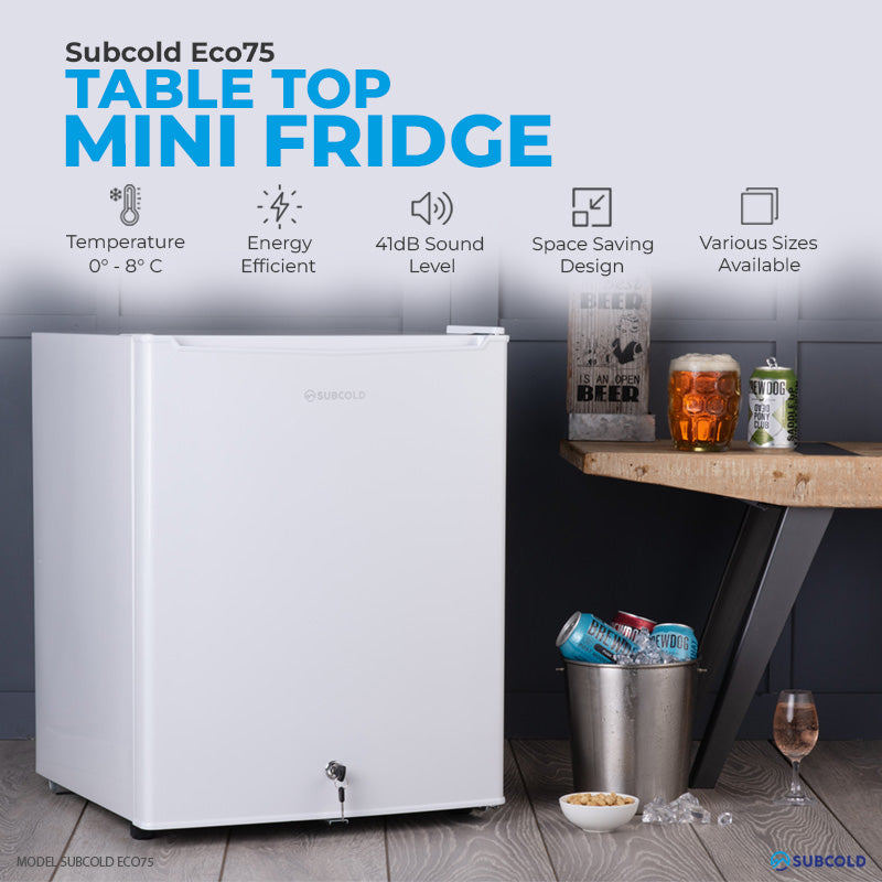 White tabletop mini fridge, front view with closed door and bottom tap