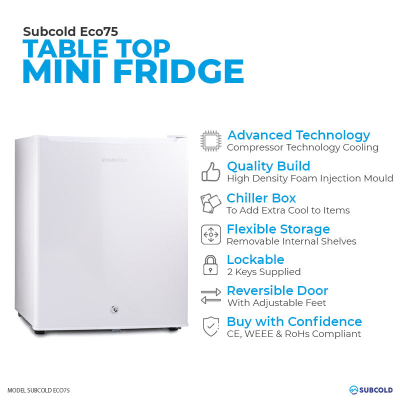 Eco75 table top mini fridge features diagram: chiller box, shelves, lockable door
