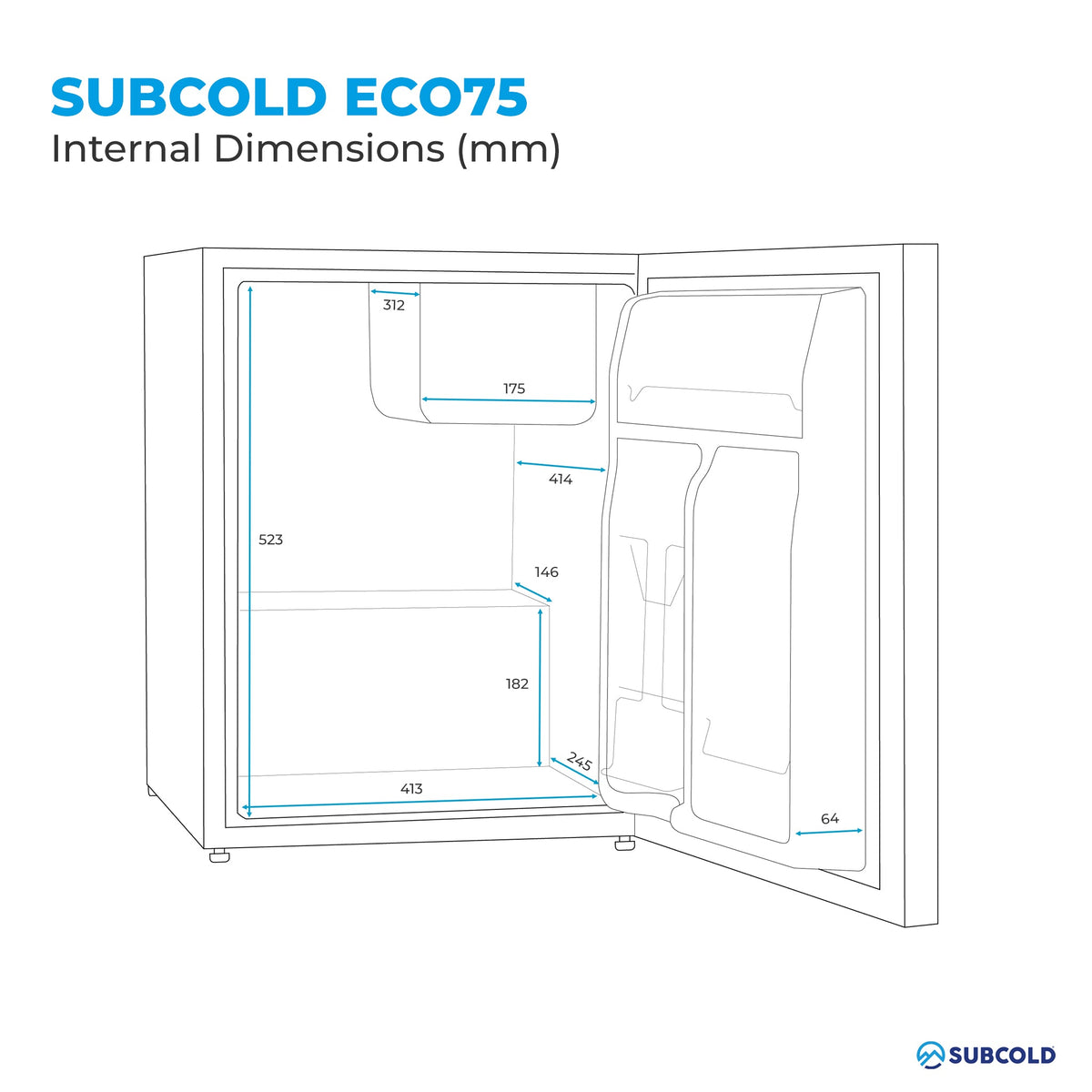Tabletop fridge interior dimensions diagram with open door and measurement labels