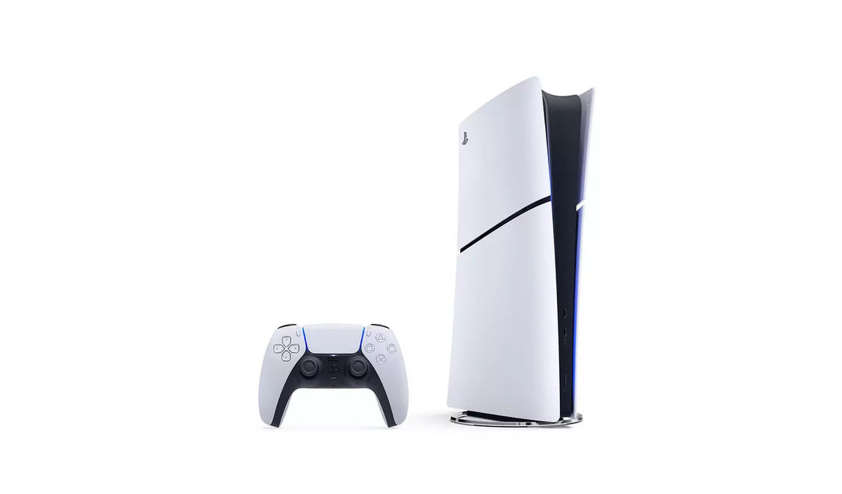 White PlayStation 5 digital console and DualSense controller, front corner view
