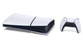 White PlayStation 5 slim console with controller, top-front view