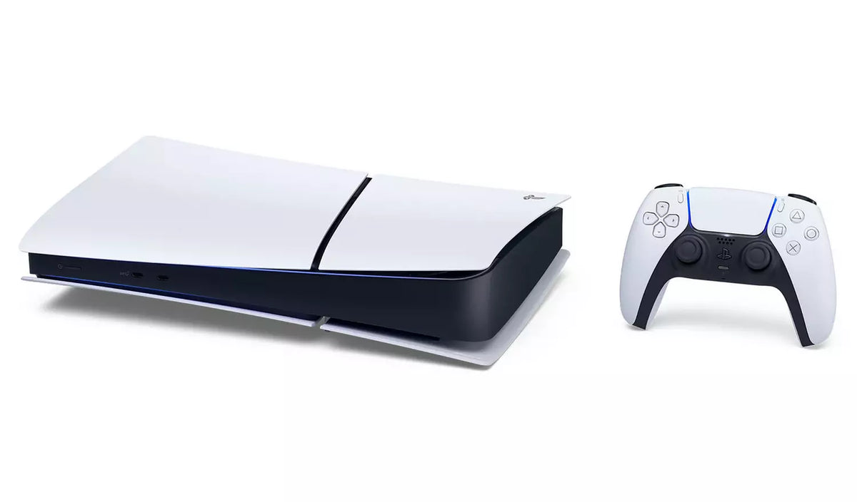 White PlayStation 5 slim console with controller, top-front view