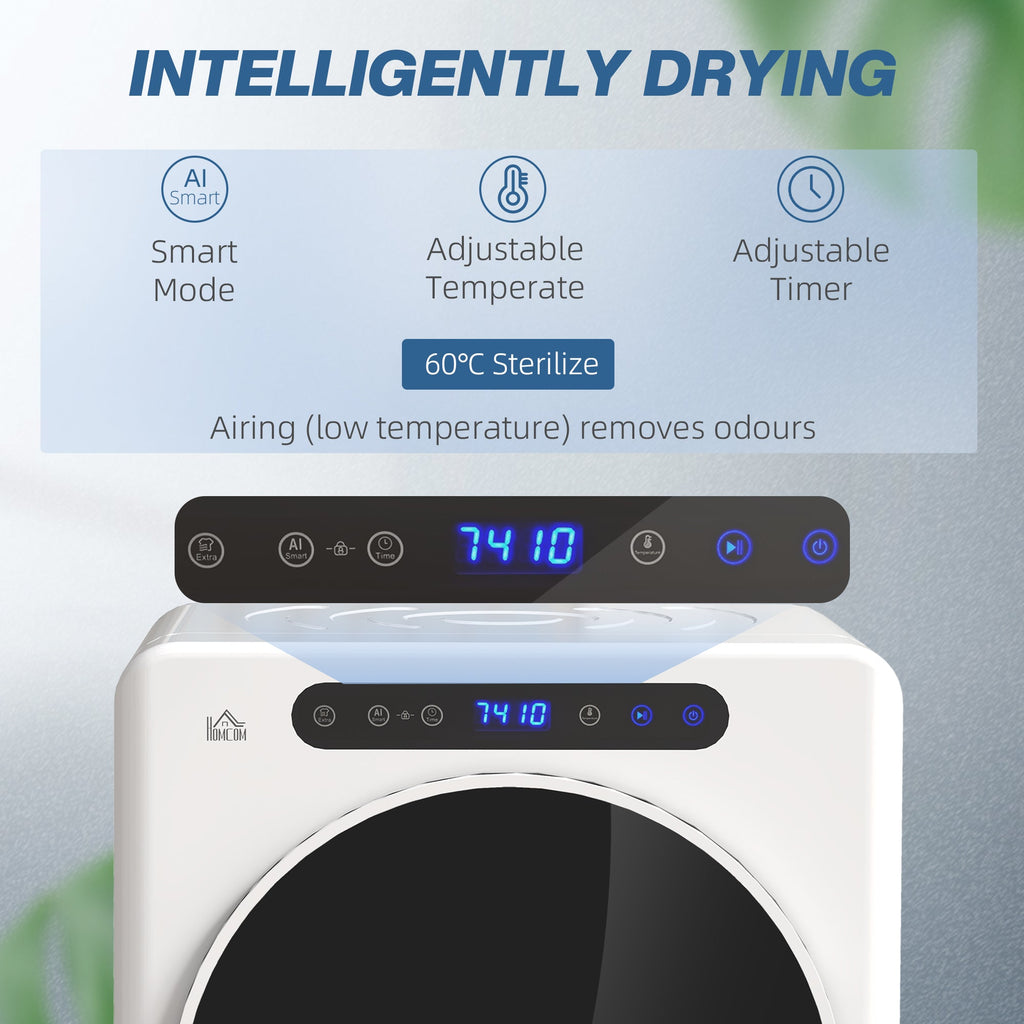 White front vented tumble dryer with top control panel and circular door opening