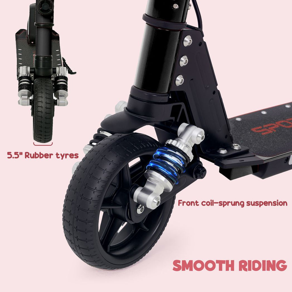 Folding electric scooter front wheel with rubber tire, coil-sprung suspension, black fork
