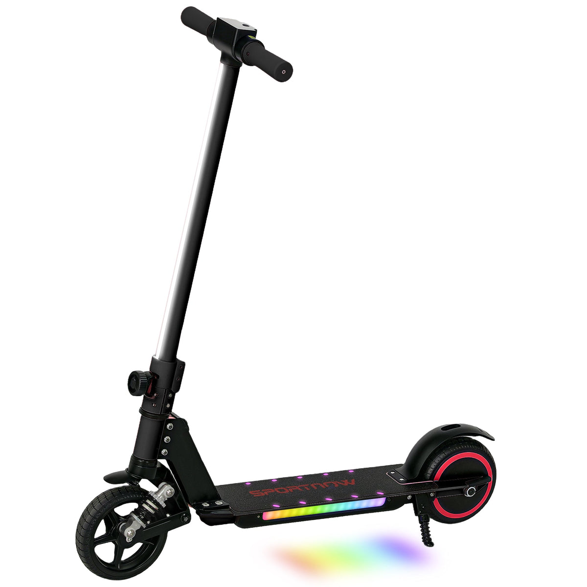 Folding electric scooter with LED display, black frame and red wheel rim.