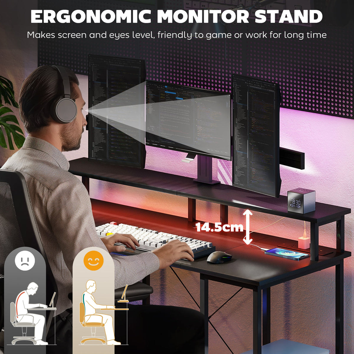 Computer desk with elevated monitor stand and LED light glow