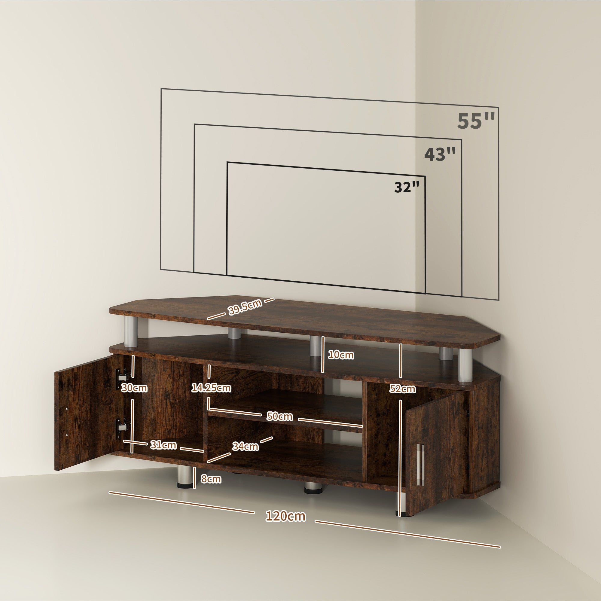 Rustic brown TV media console with open shelves, side doors, and metal legs