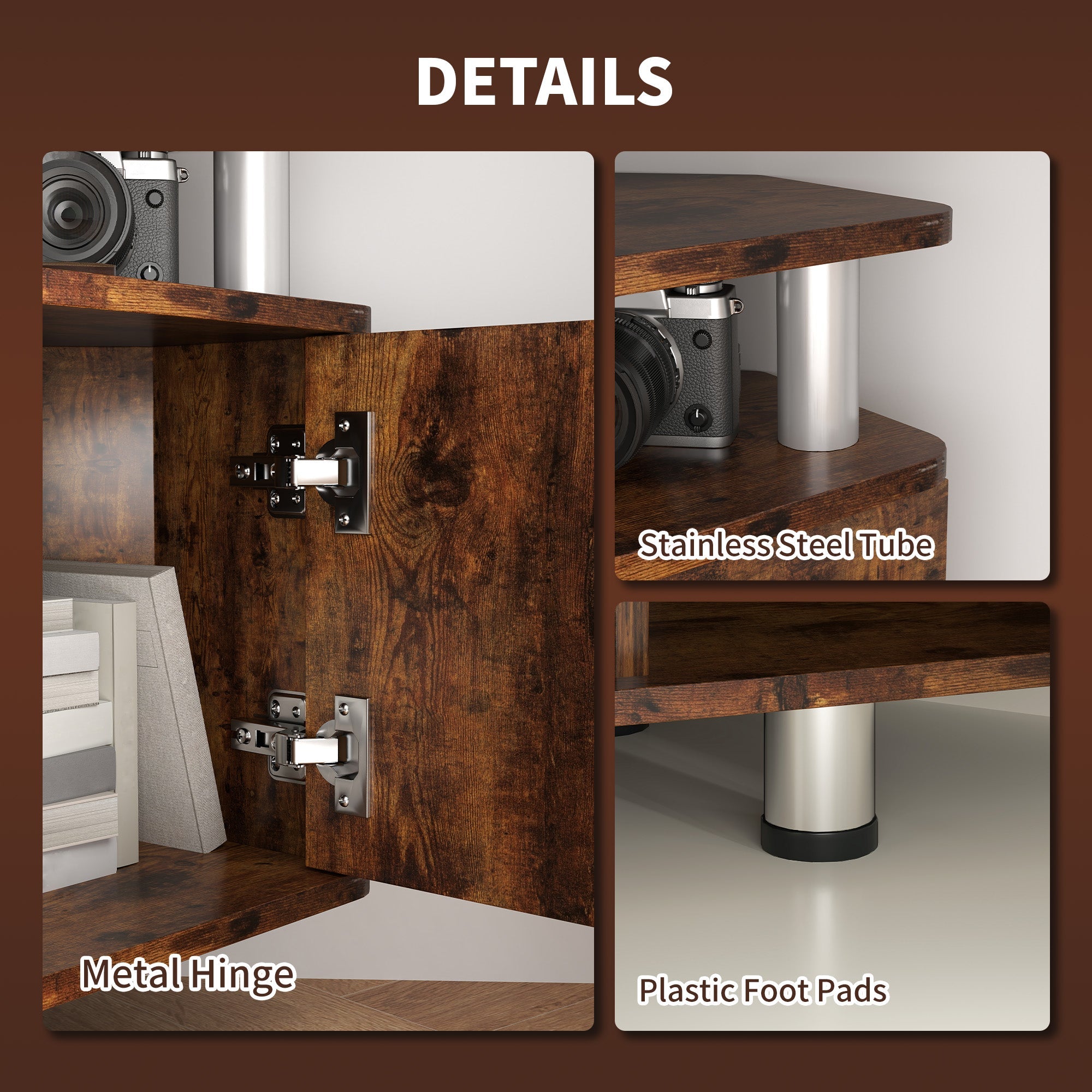 Rustic brown cabinet door showing metal hinge and silver handle with plastic foot pads