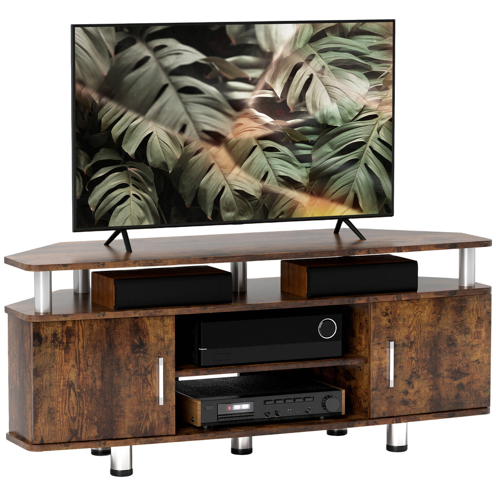 Rustic brown TV media cabinet with two side doors, open shelves, and central drawer