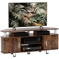 Rustic brown TV media cabinet with two side doors, open shelves, and central drawer