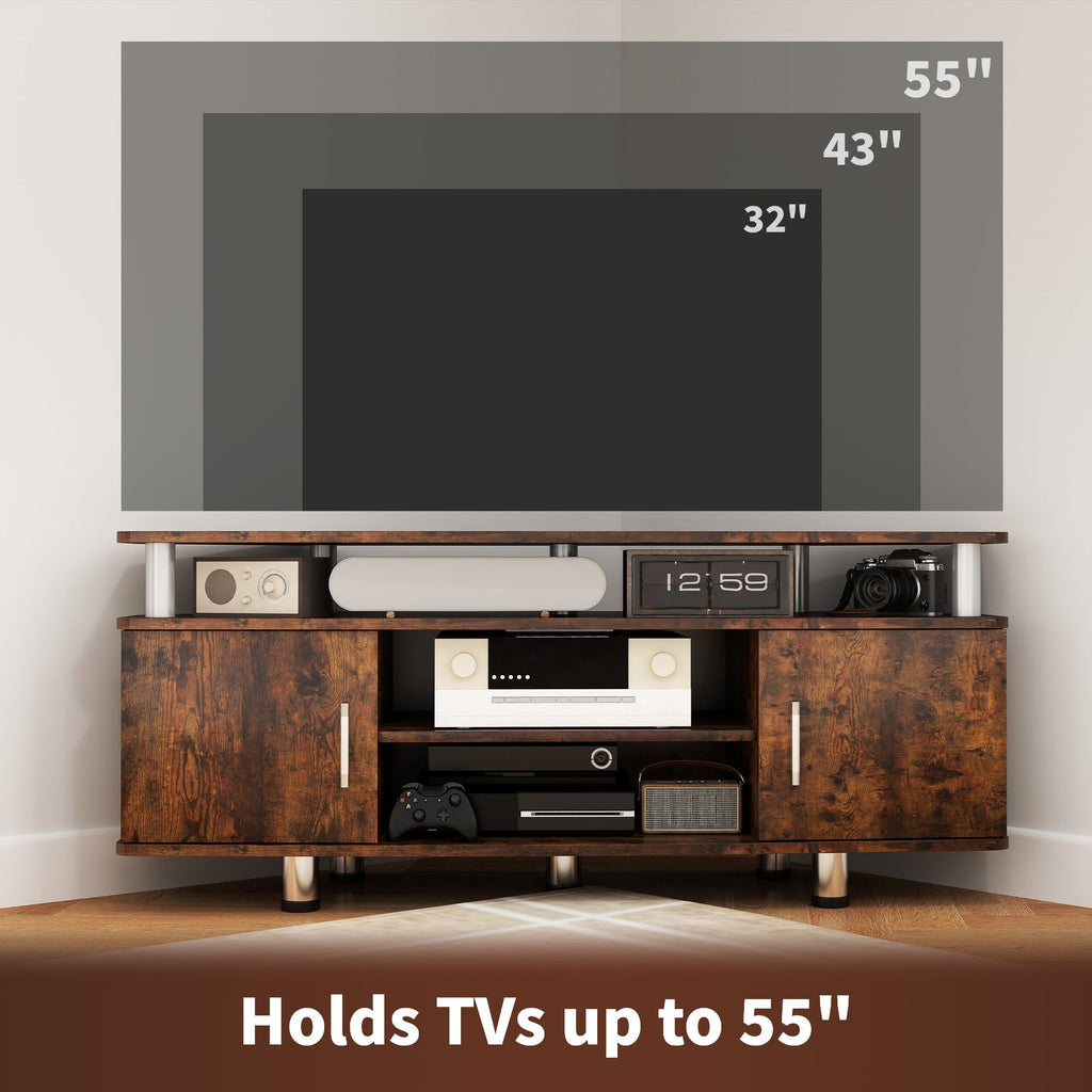 Rustic brown TV console with center compartment, open shelves, and two side cabinet doors