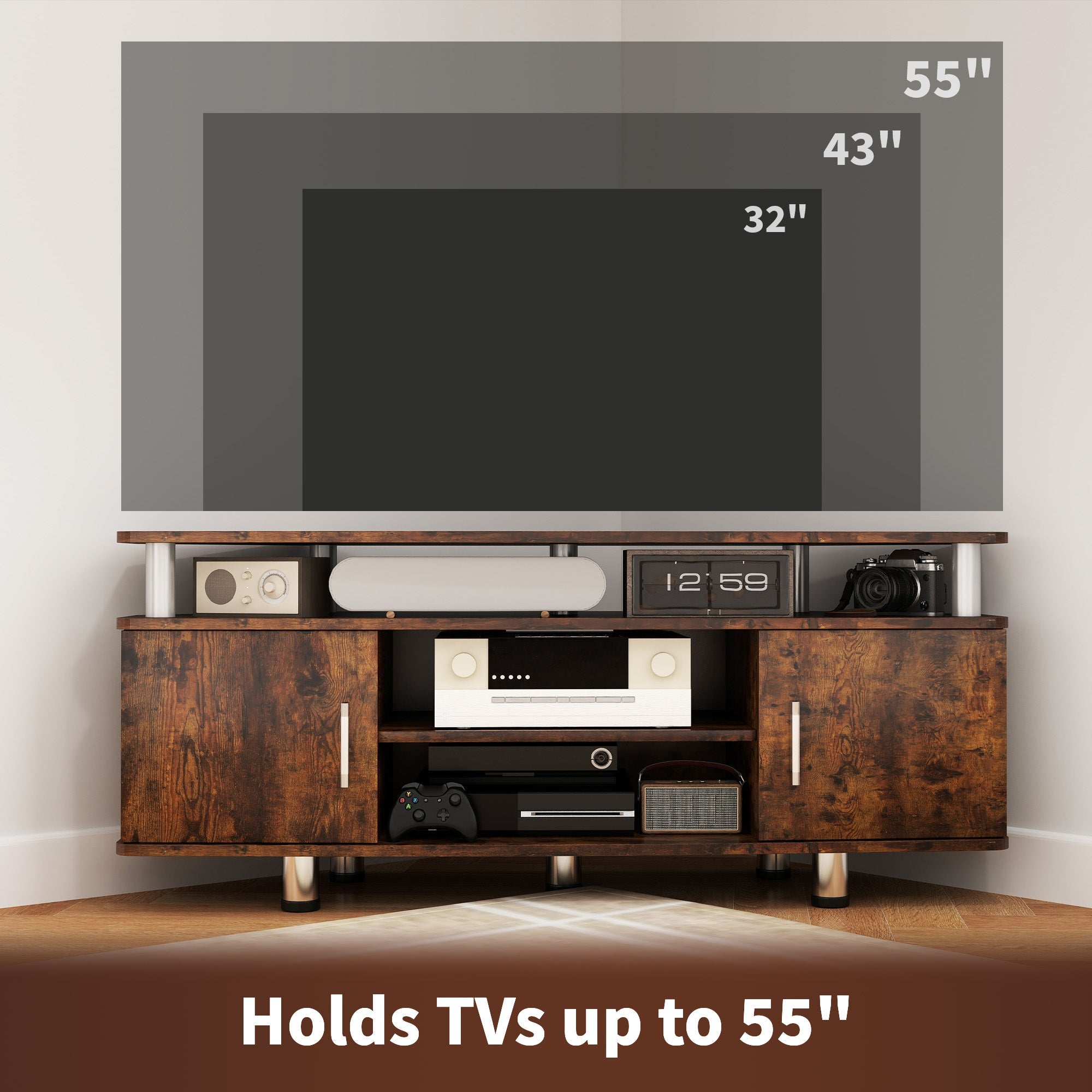 Rustic brown TV console with center compartment, open shelves, and two side cabinet doors