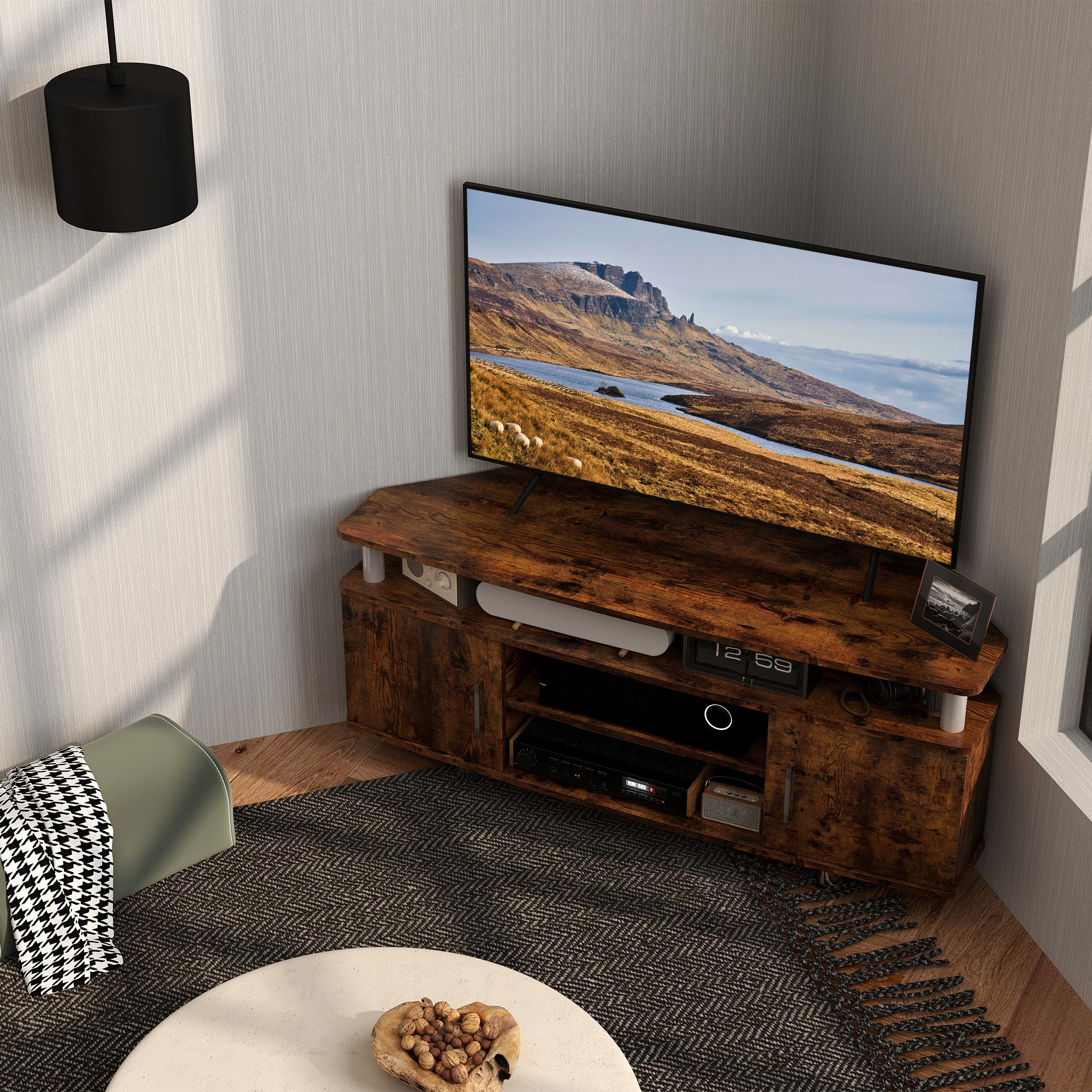 Rustic brown TV stand with top media shelf, center drawer, and open electronics compartment