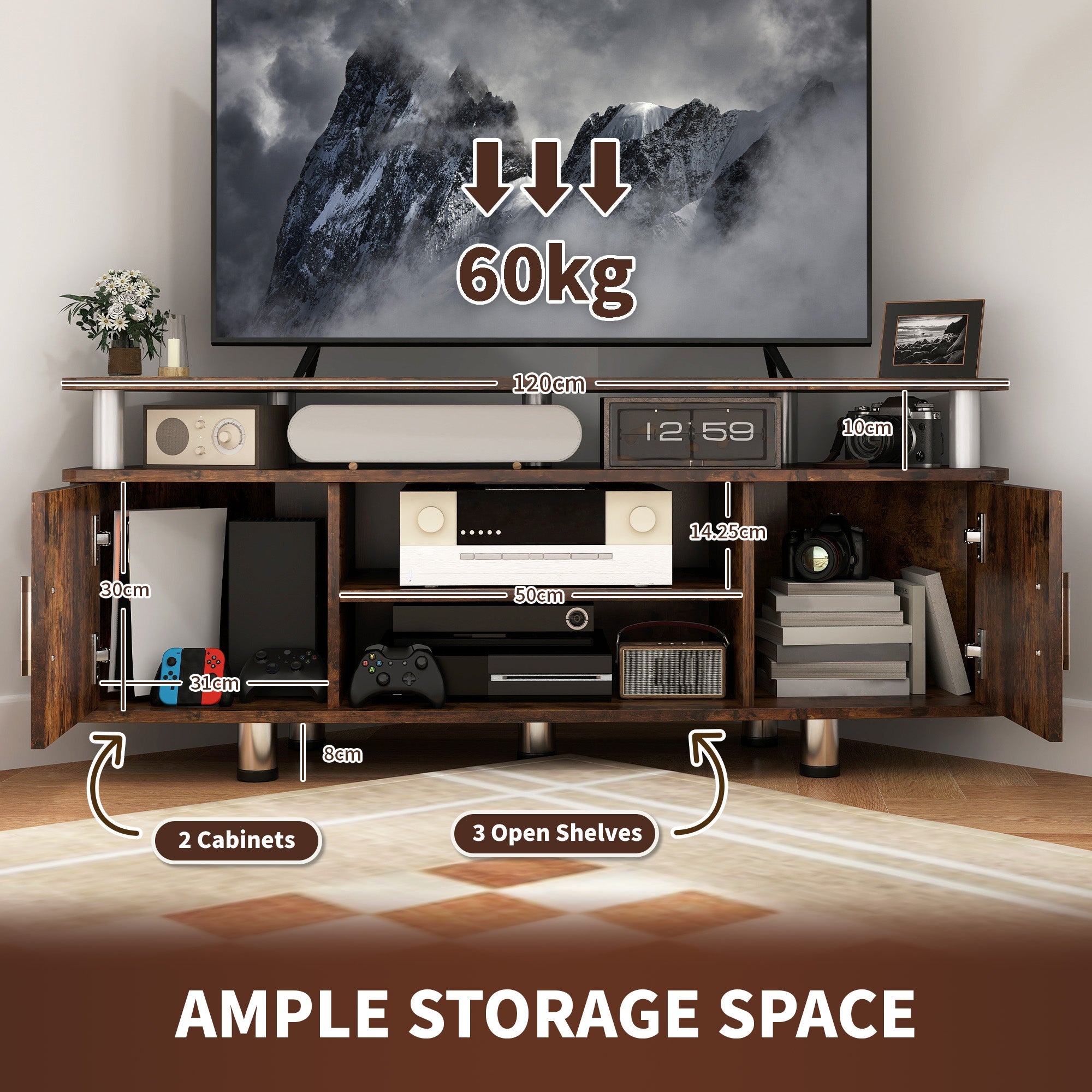 Rustic brown TV console with two doors, open shelves, and a wide top TV platform