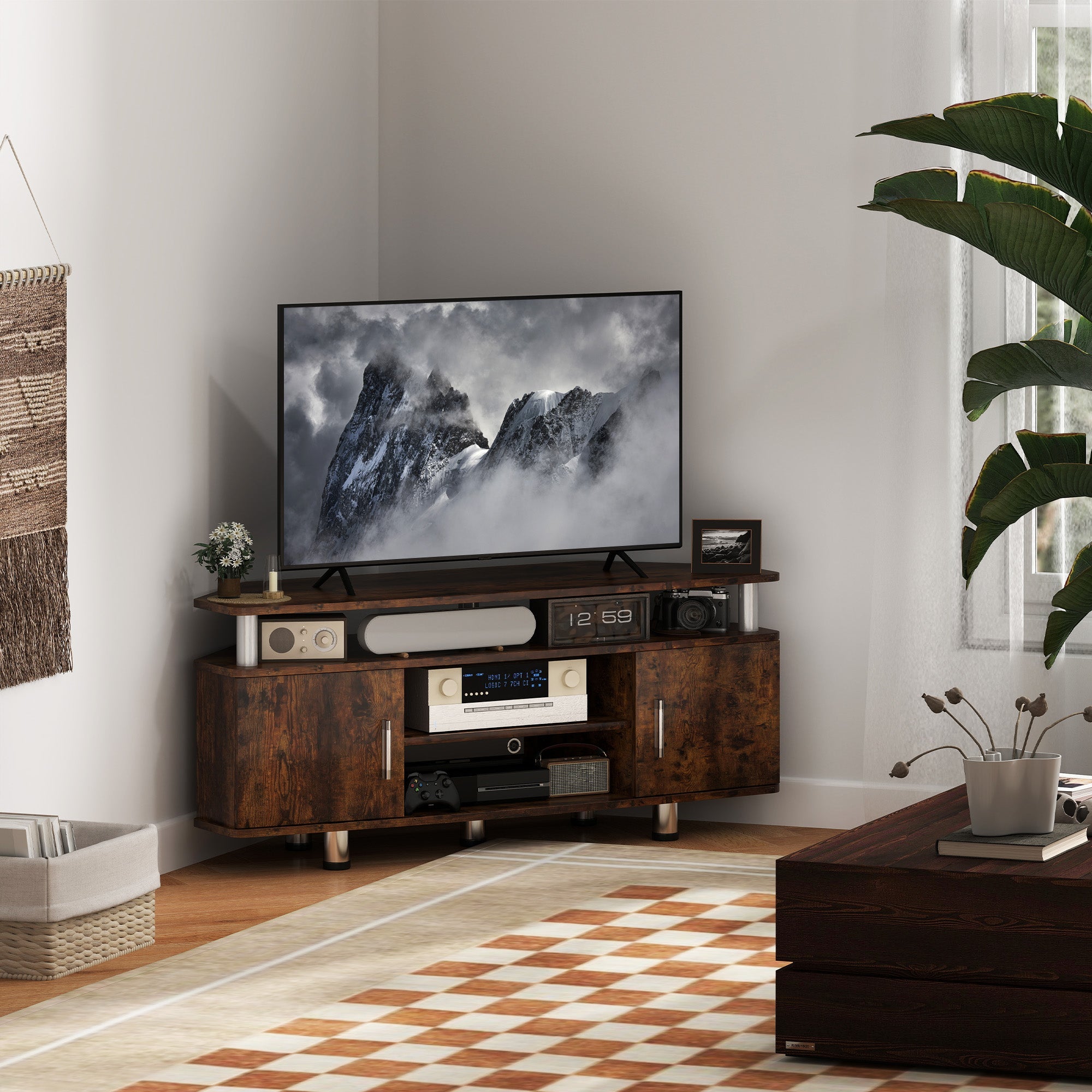 Rustic brown TV console with open lower shelves and enclosed side cabinet doors
