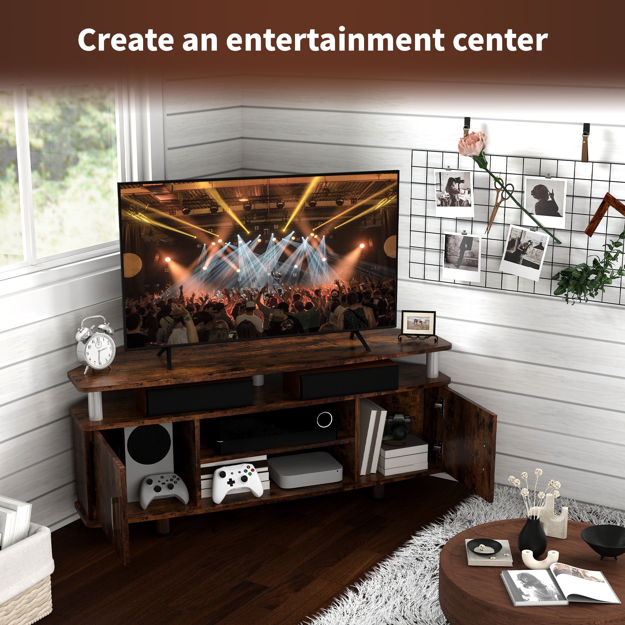 Rustic brown entertainment center TV stand with open shelves, drawer, and side storage