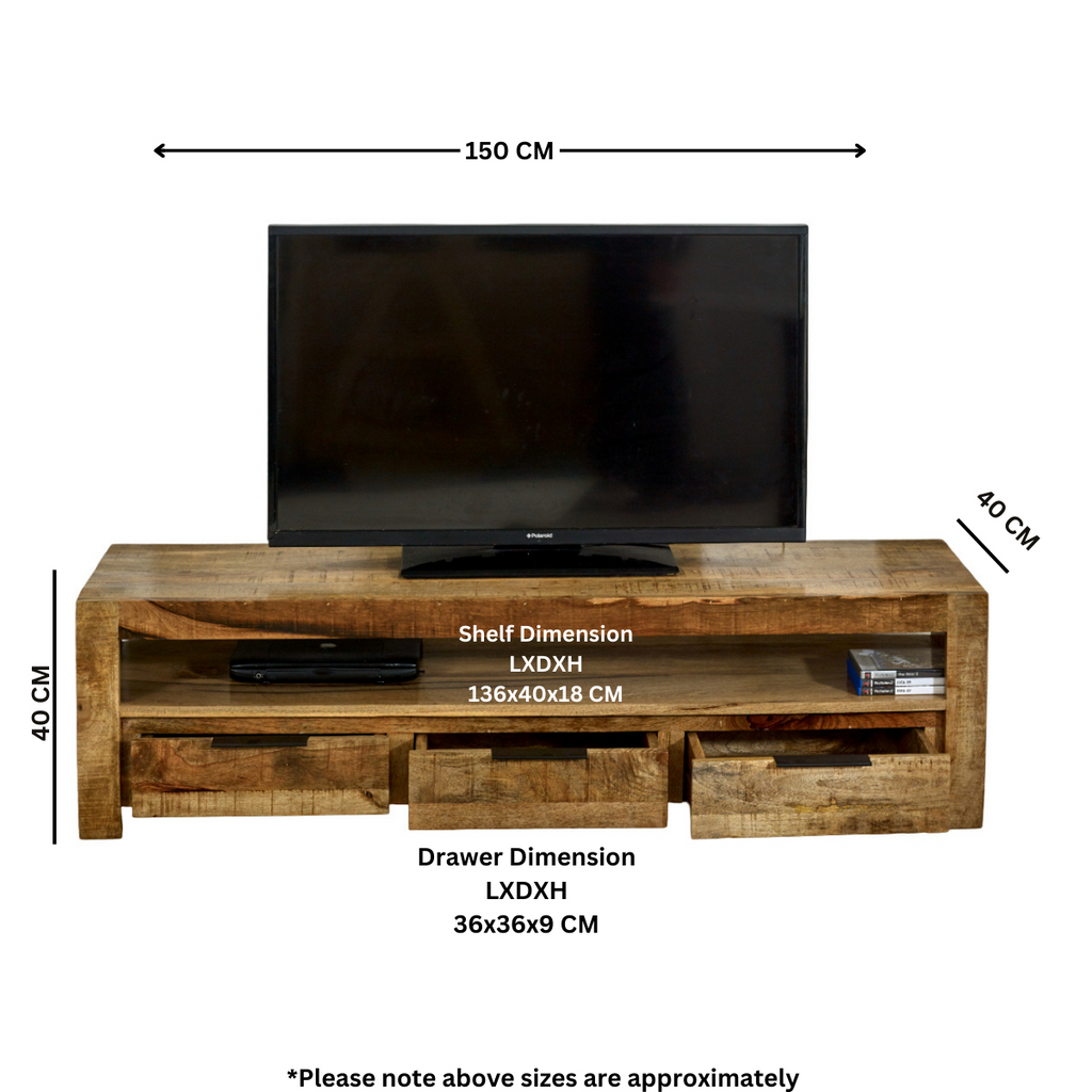 Rustic wood TV console layout with three drawers; size diagram shown above front.