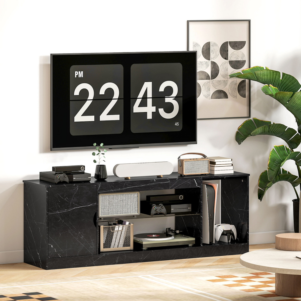 Black marble-effect TV stand with open shelves and cabinet door storage for devices.