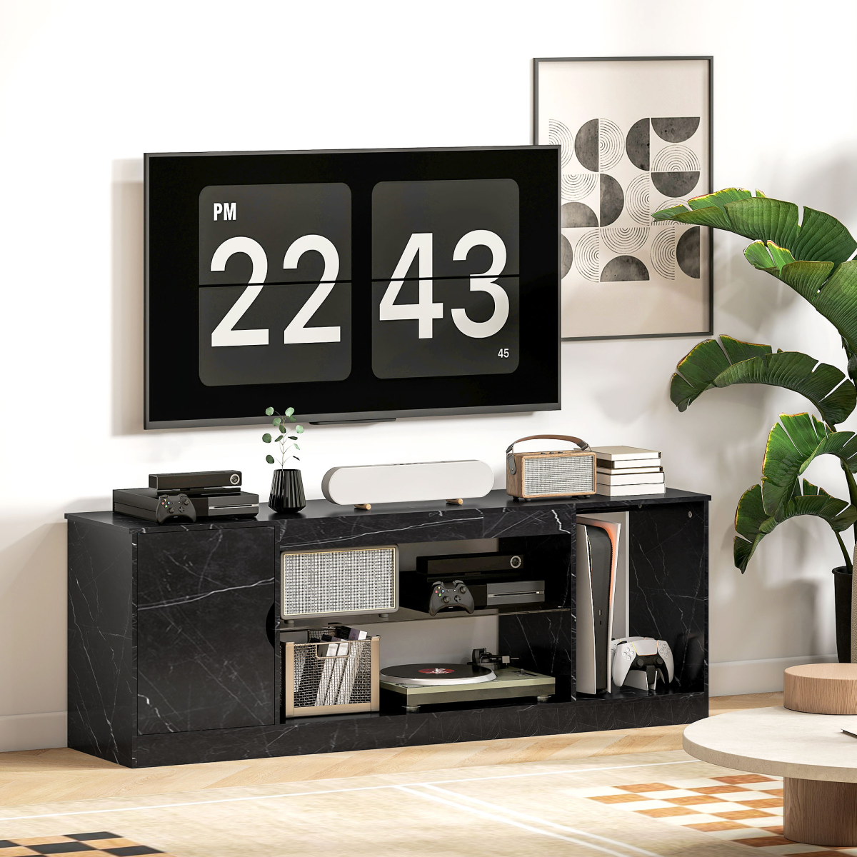 Black marble-effect TV stand with open shelves and cabinet door storage for devices.