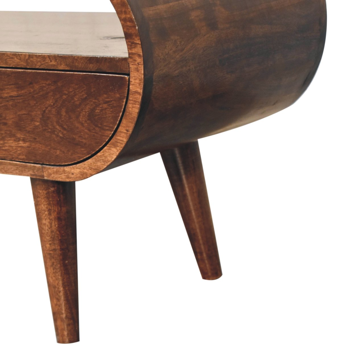 Walnut TV stand end panel with curved apron and tapered legs