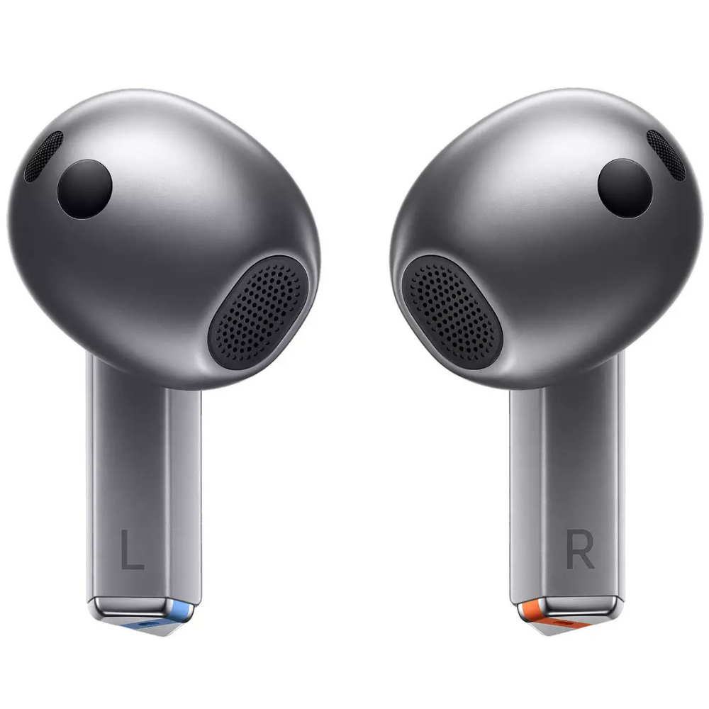 Silver wireless earbuds, left and right pods with L/R markings