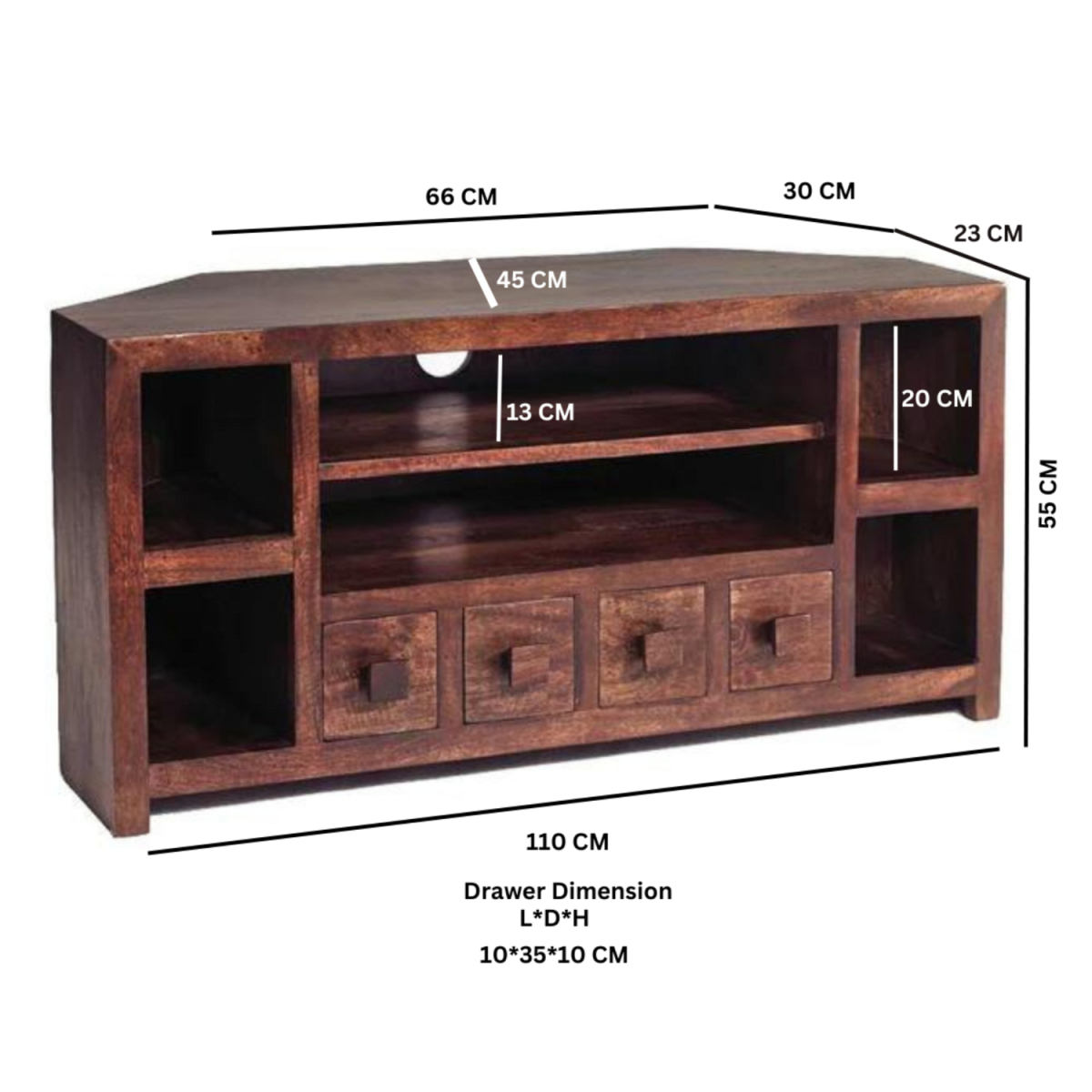 Corner TV unit dimensions: 110 cm wide, 55 cm high; 66 cm by 30 cm corner depth