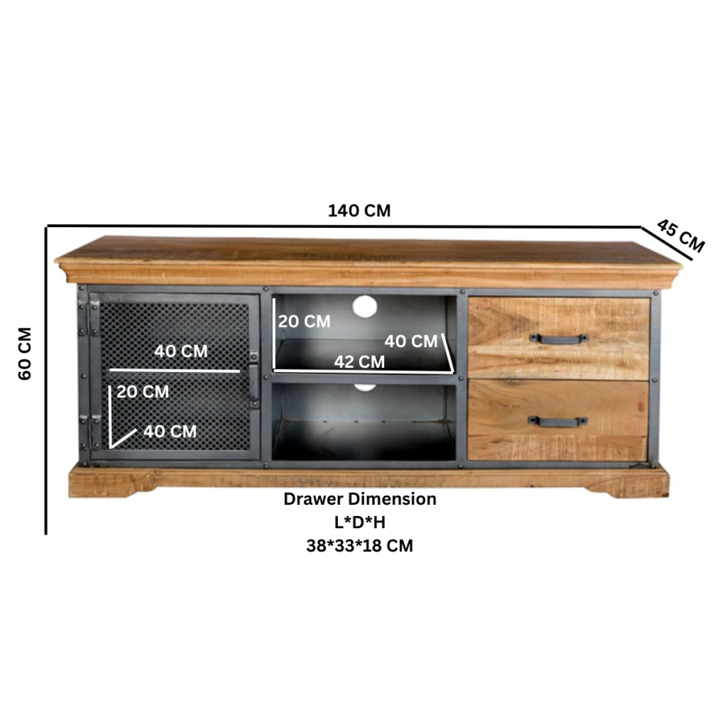 TV media unit dimension diagram: 140 cm wide, 60 cm tall, drawer 38x33x18 cm.
