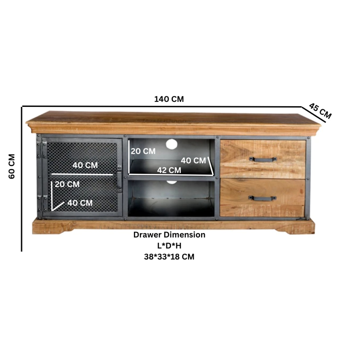 TV media unit dimension diagram: 140 cm wide, 60 cm tall, drawer 38x33x18 cm.