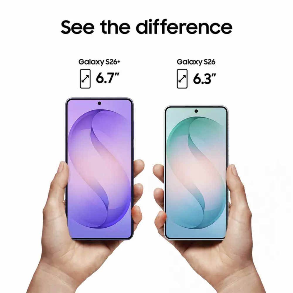 Two Samsung Galaxy phones held side by side with different screen sizes
