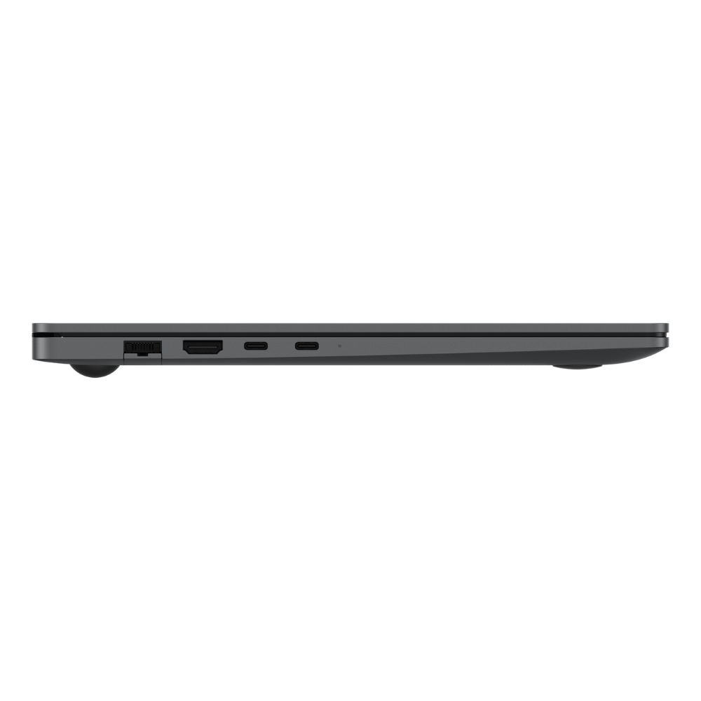 Gray Samsung laptop side edge with multiple ports and ventilation openings