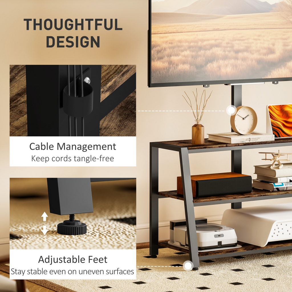 TV stand with cable management and adjustable feet, open shelves for media storage
