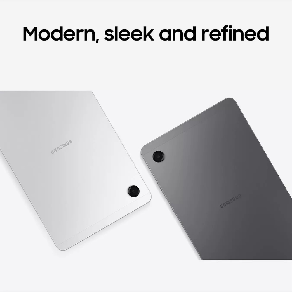Grey Samsung tablet front and back views with rear camera and SAMSUNG logo