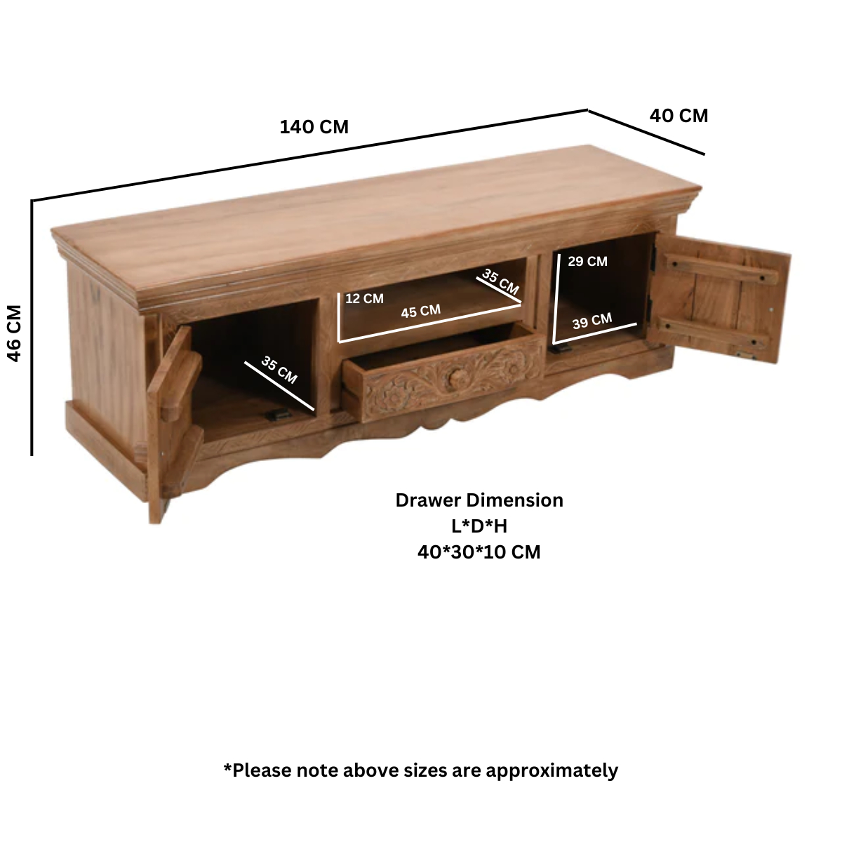 Mango wood TV cabinet with carved drawer, open compartments, and side door access.