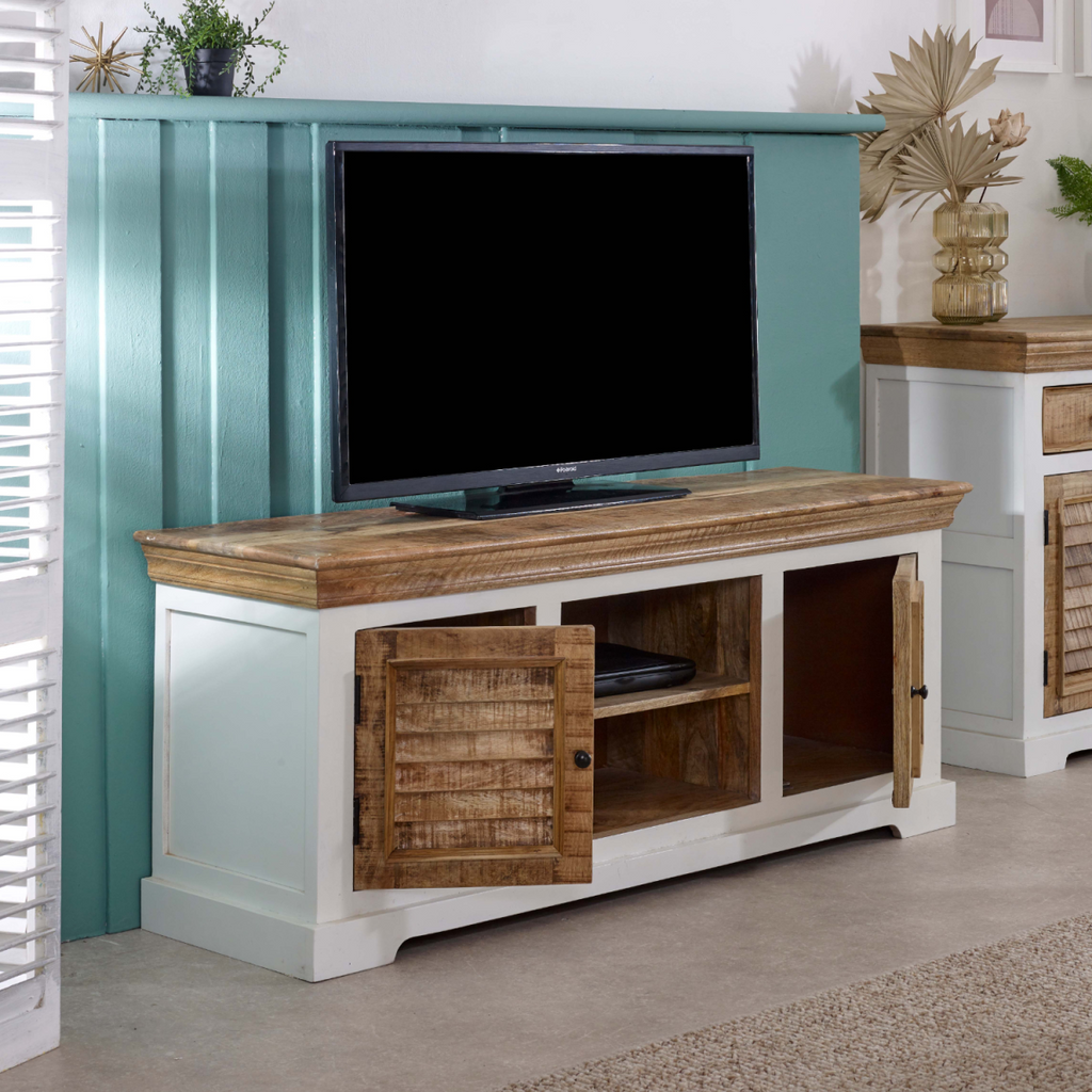 TV stand with dark-wood open center, shutter-style side doors, and mango wood top.