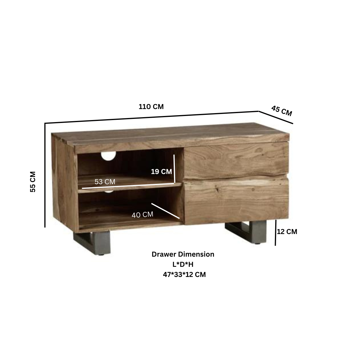 TV cabinet dimensions diagram with shelf and drawer measurements