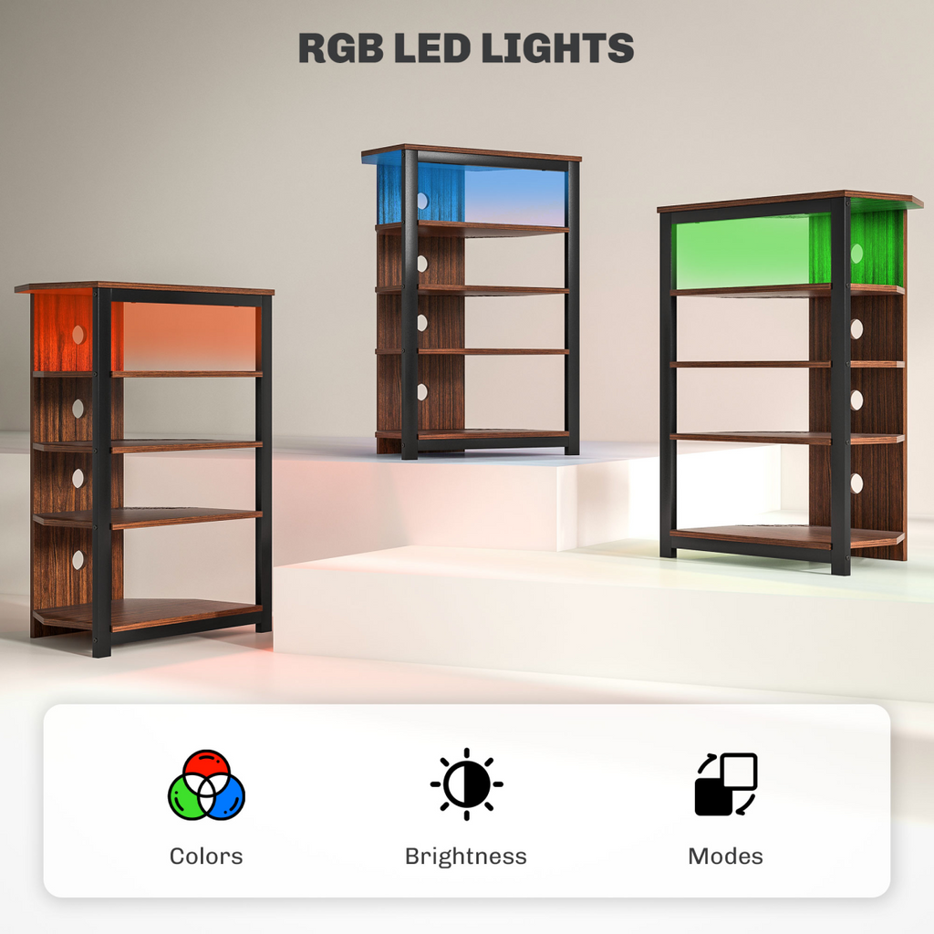 Set of TV stands showing RGB LED light modes and brightness controls on shelves.