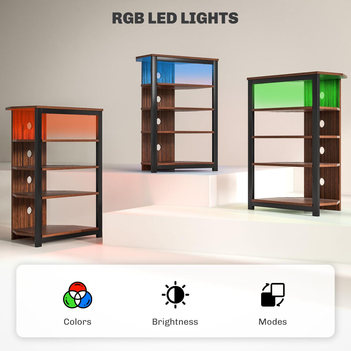 Set of TV stands showing RGB LED light modes and brightness controls on shelves.