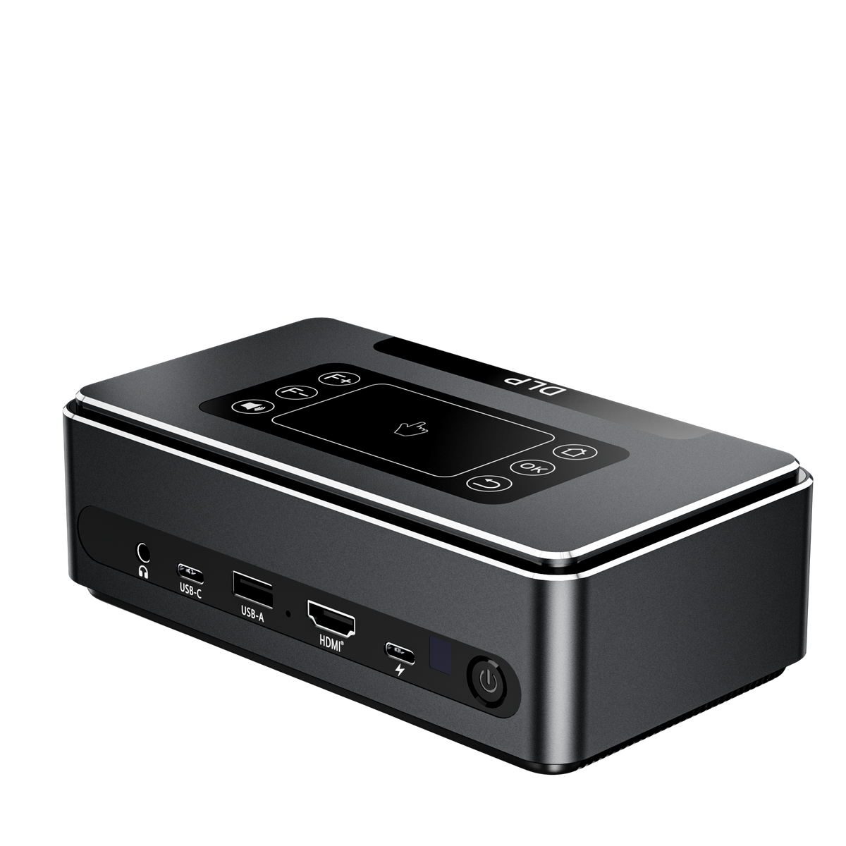 Portable DLP LED projector side panel with ports and power button, dark gray metal housing