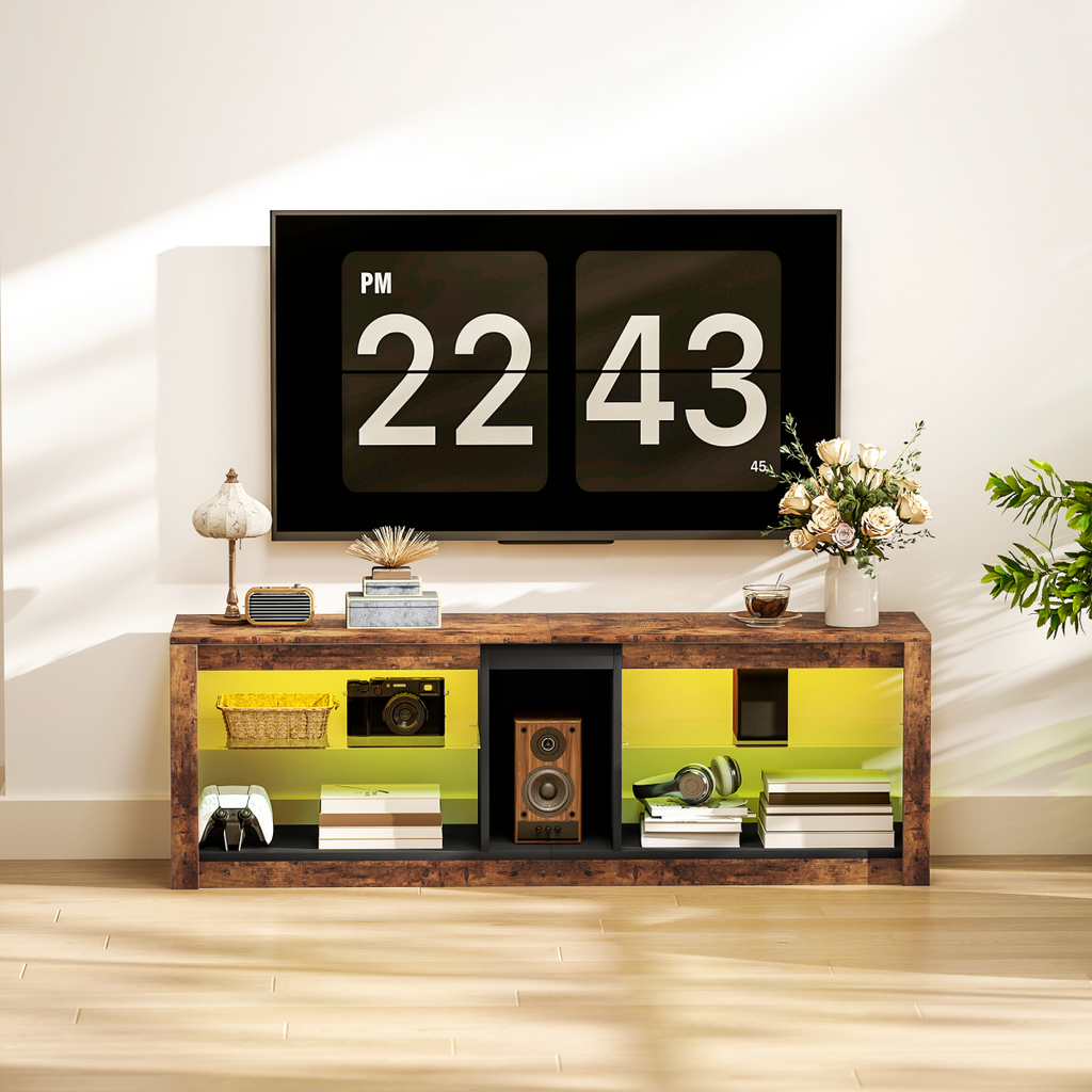 Rustic brown TV stand with open compartments and media storage below