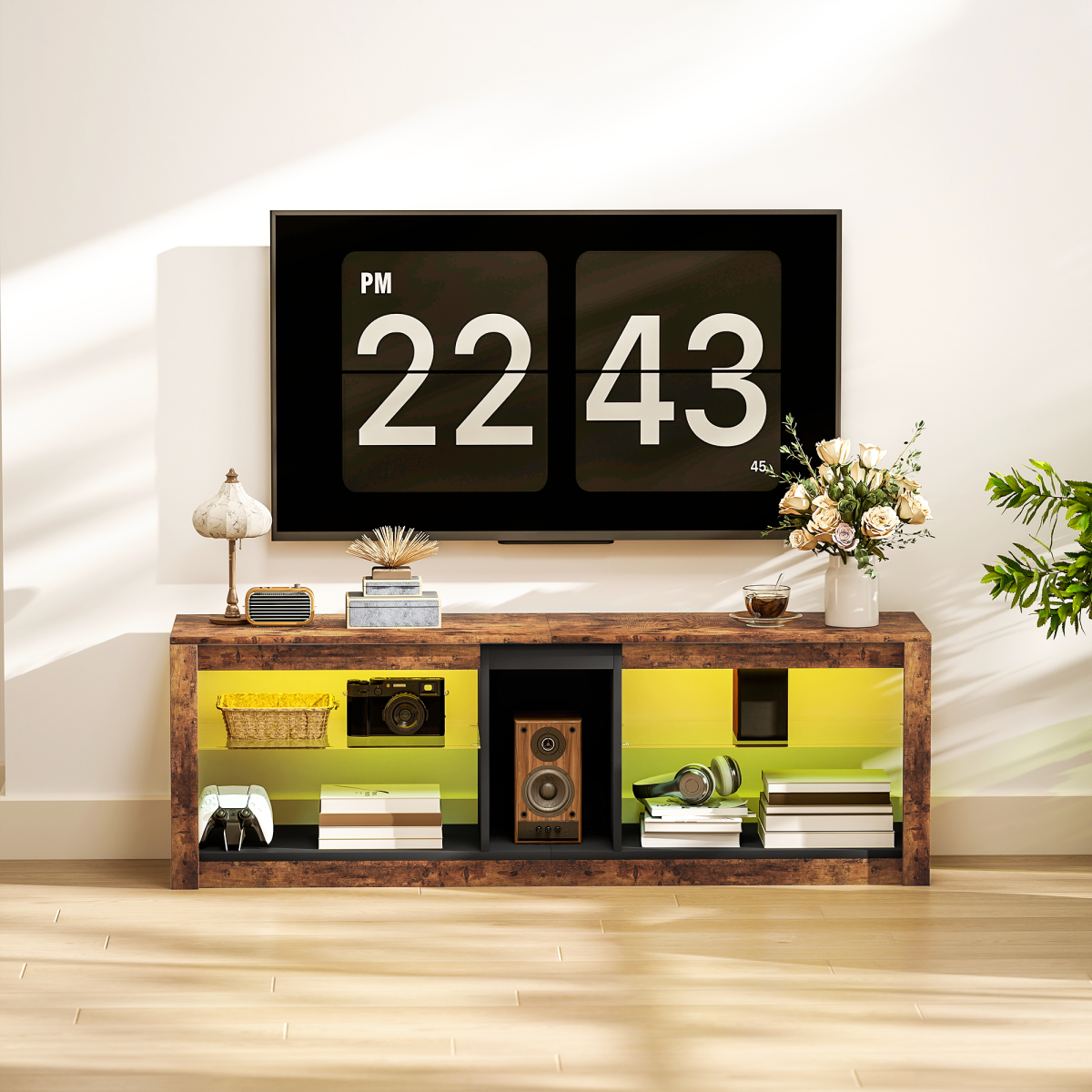 Rustic brown TV stand with open compartments and media storage below