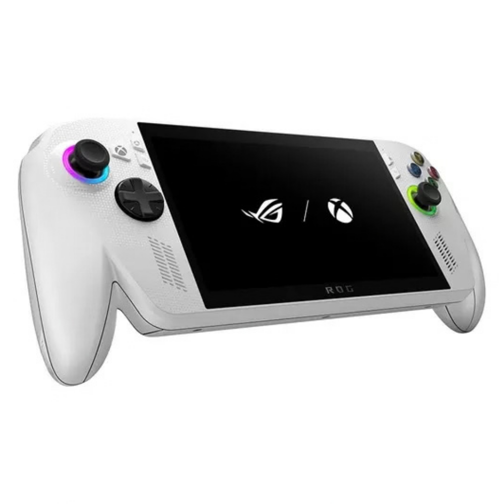 White handheld gaming console with gamepad controllers and 7-inch touchscreen display