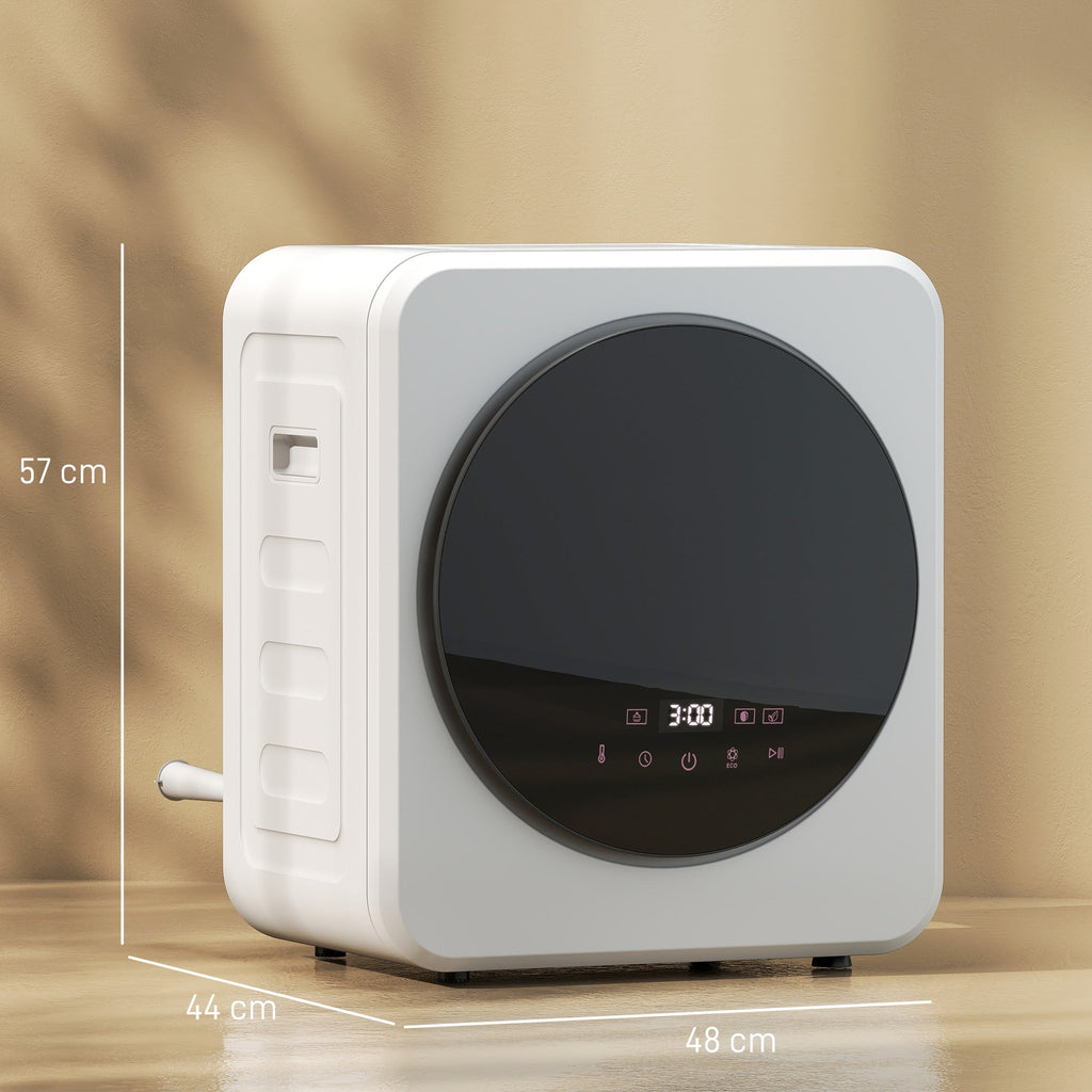 White front-load tumble dryer with large round door and built-in display panel
