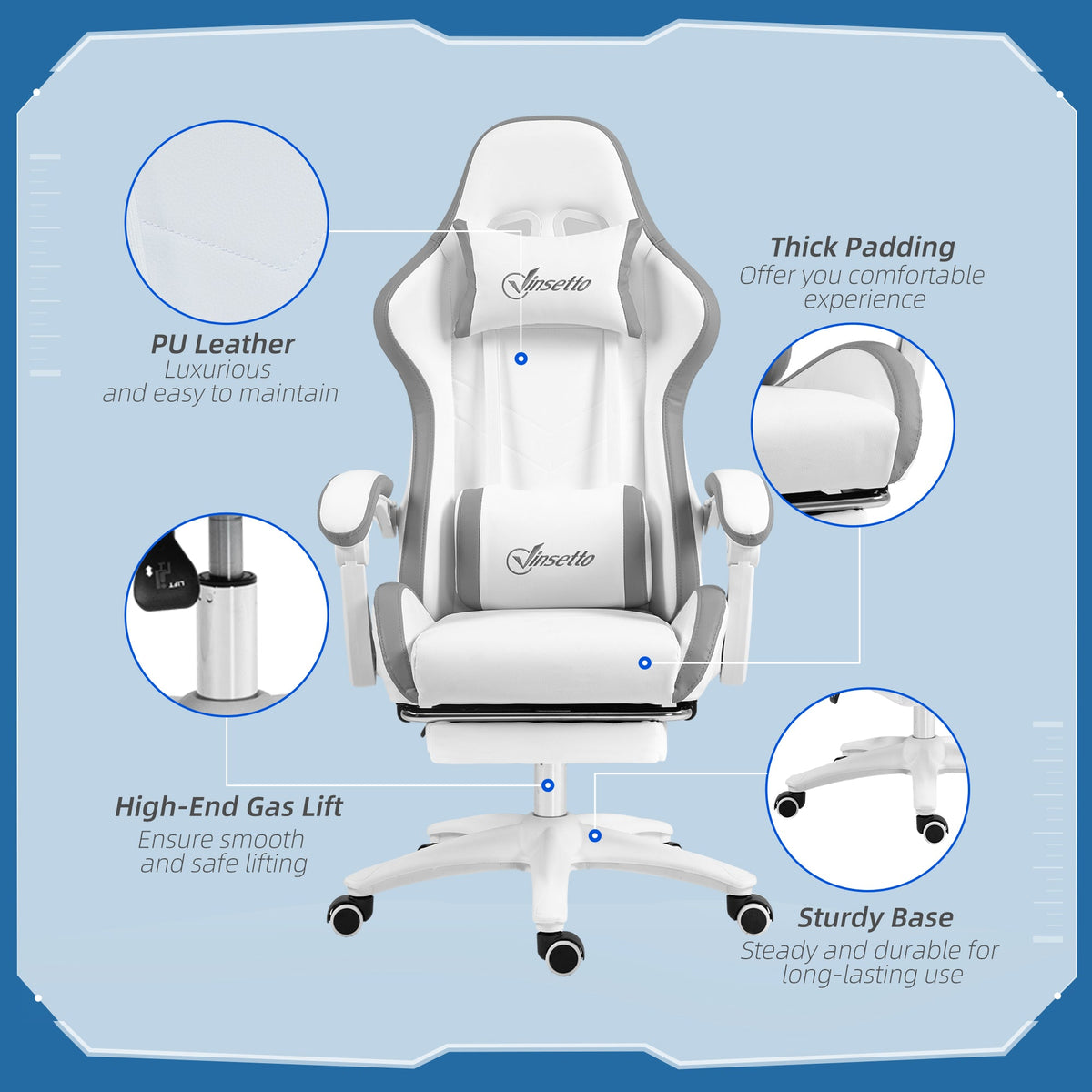 White and grey PU leather gaming chair with thick padding and sturdy base