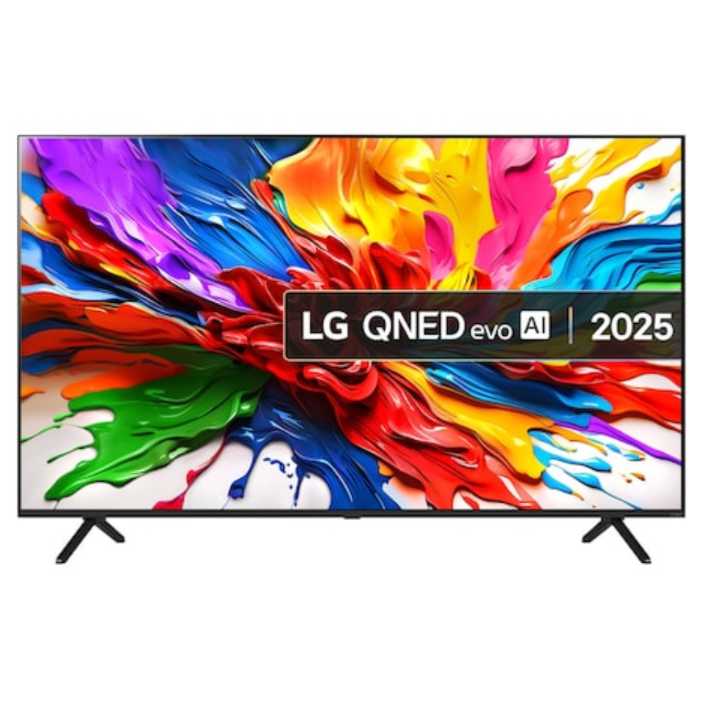 85-inch LG QNED TV with colorful abstract screen and two black stand feet