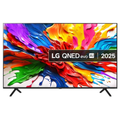 85-inch LG QNED TV with colorful abstract screen and two black stand feet