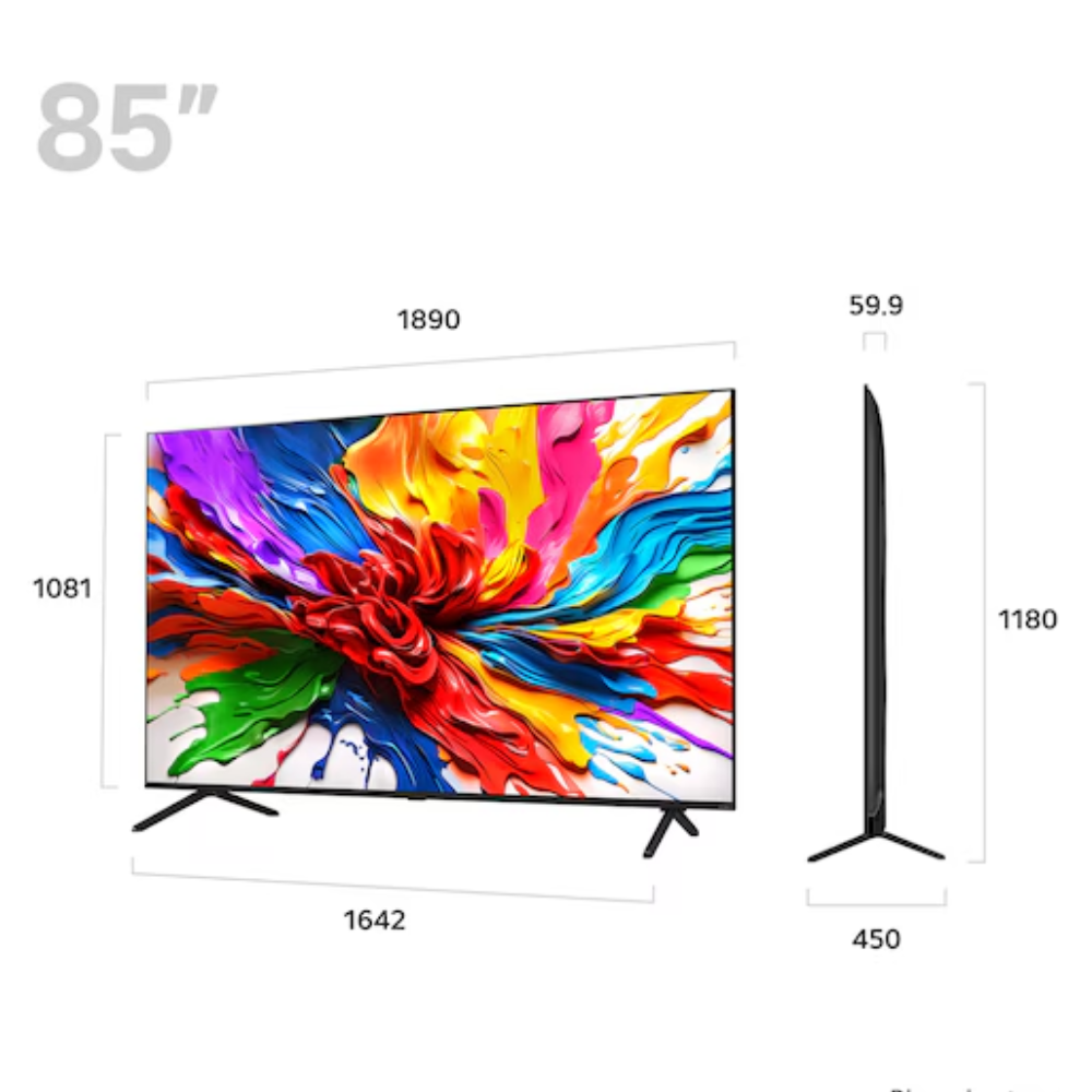 85-inch LG QNED TV with size diagram, showing front view and slim side profile