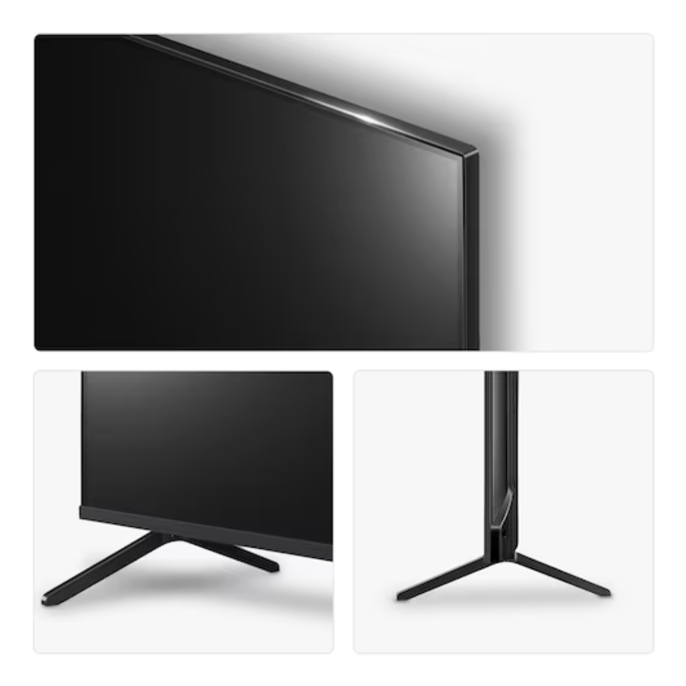 Slim LG QNED TV with dark screen and black stand, front and side angles